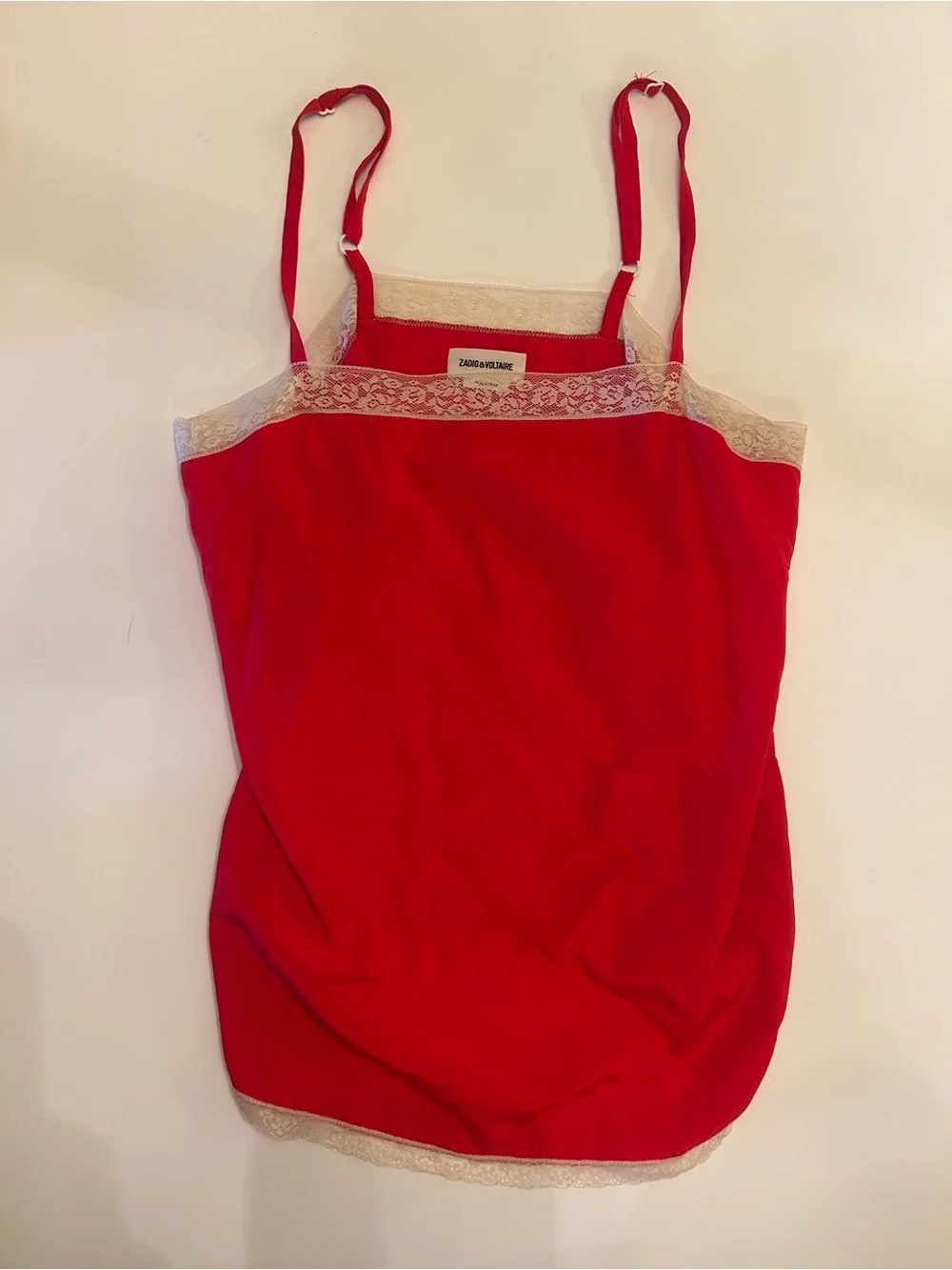 Silk Zadig & Voltaire Red Camisole with Cream Lace Trim